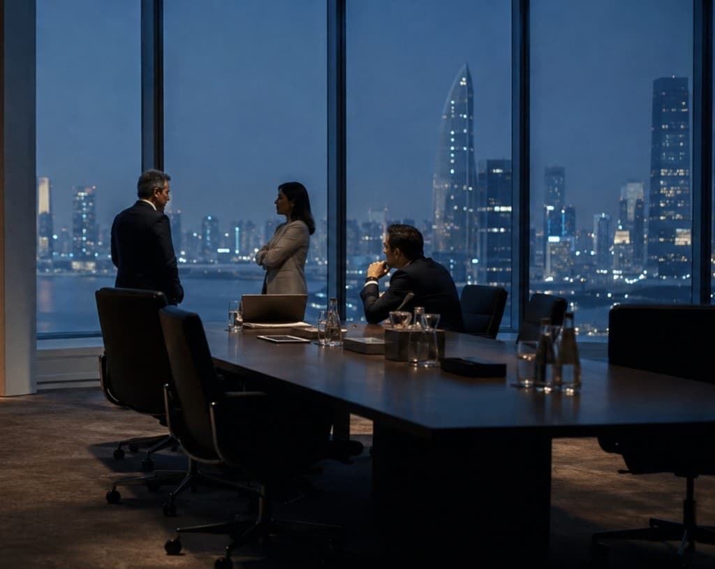 After-hours boardroom: three people at the glass, city skyline beyond