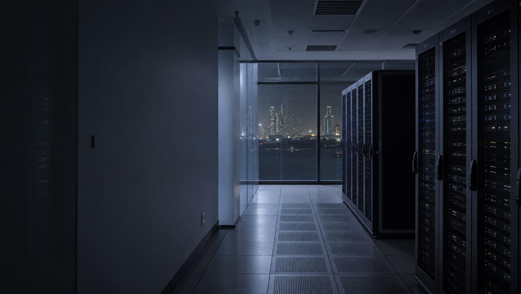 Empty on-prem systems room at night, city faintly beyond the glass