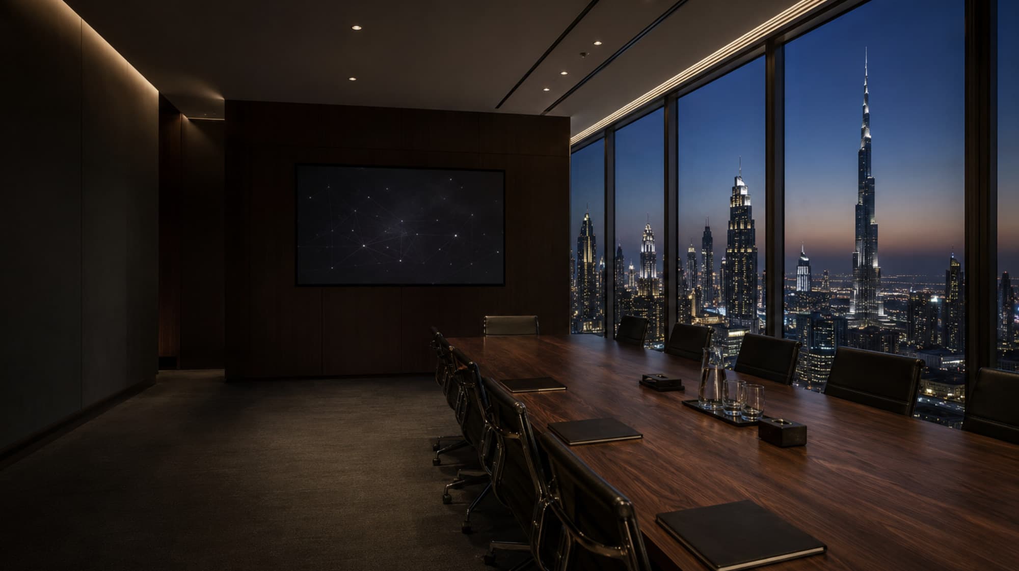Empty boardroom at blue hour, skyline beyond the glass
