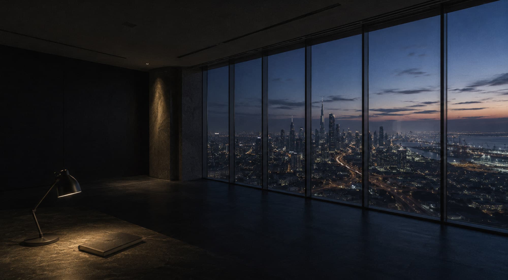 One lamp on an empty floor looking out over the city at blue hour