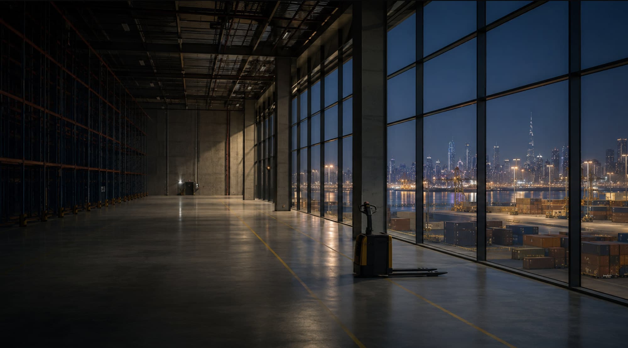 Empty logistics hall at night, port and city skyline beyond the glass